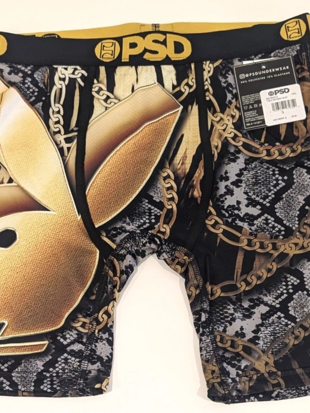 PSD Underwear Mens Small Playboy Gold Bunny Chains Snakeskin Boxer Briefs NWT